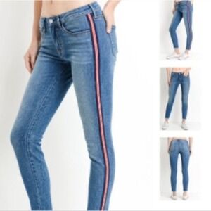 JBD Just Black Denim Skinny Jeans Medium Wash Side Stripe Red White Blue Sz 28